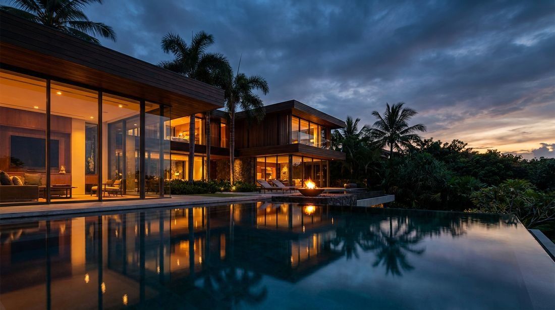 Residência de alto padrão com piscina ao entardecer