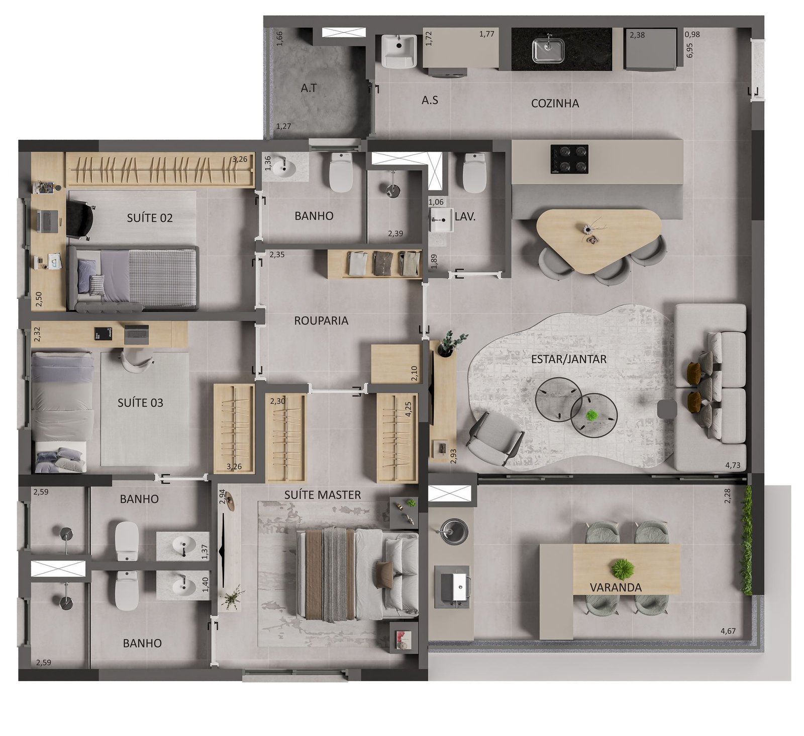 Planta do apartamento lateral do Areté Home, 104,41m², 3 suítes