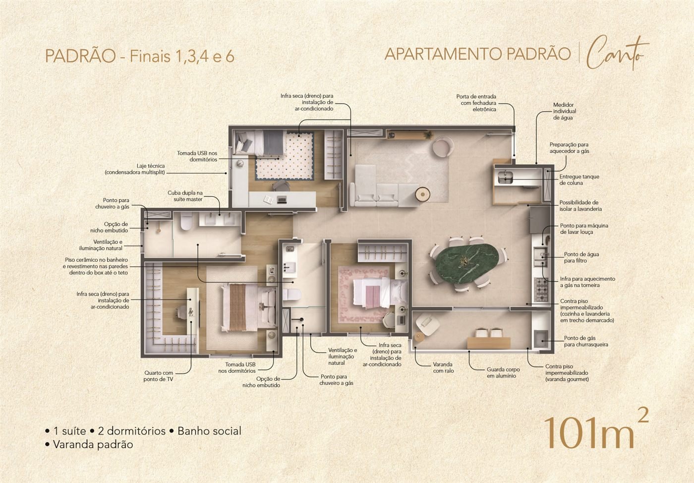 Planta do apartamento Aurora, 101m², 3 dormitórios